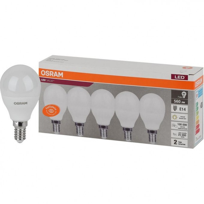 Лампа светодиодная LED OSRAM VALUE LVCLP60 7SW/830 7Вт E14 230В 2х5 RU (уп.5шт) 4058075578104